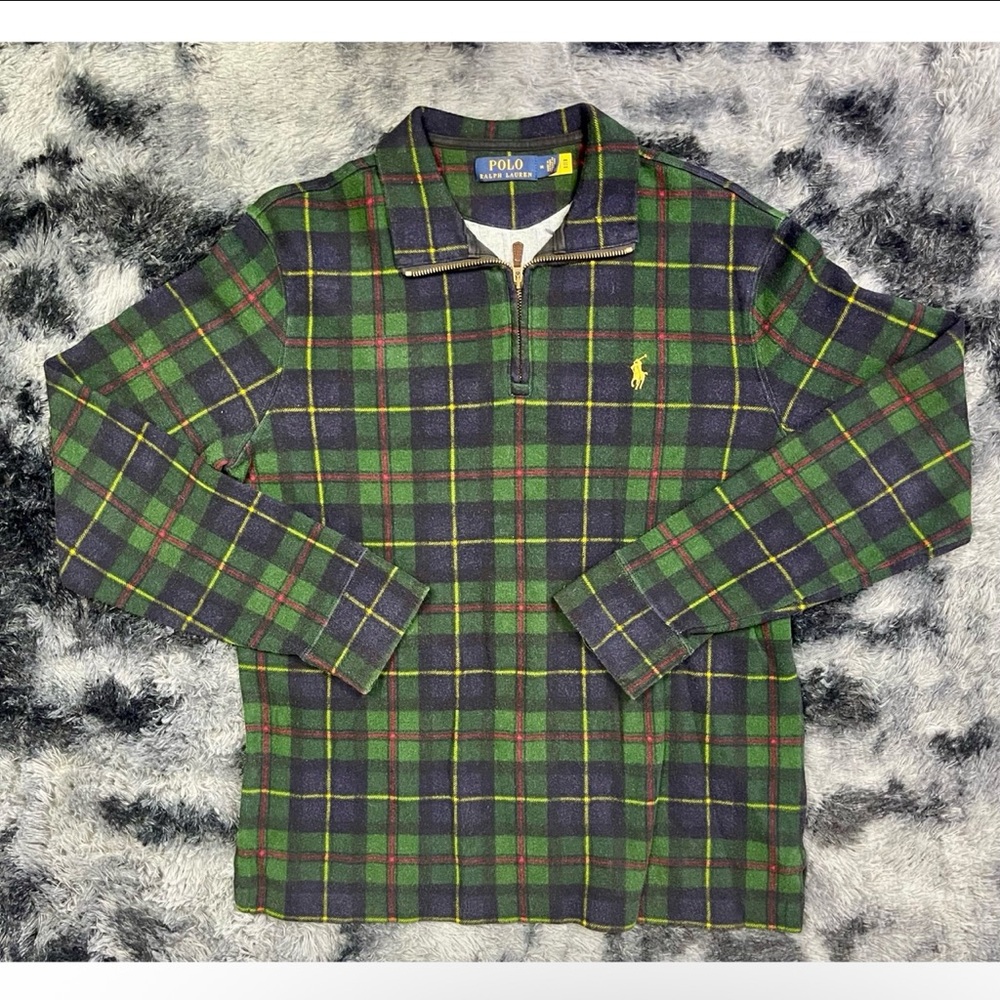 Polo by Ralph Lauren Green, yellow, red and Blue Plaid Quarterzip Tartan, RARE
